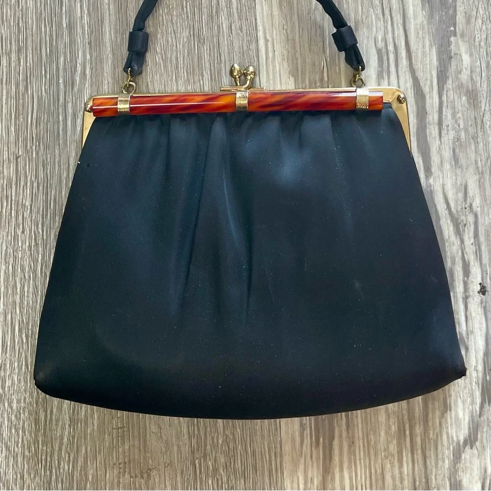 Vintage 60s Ande Black Satin Evening Bag + Tortoise Shell Style Clasp Purse - Picture 3 of 16
